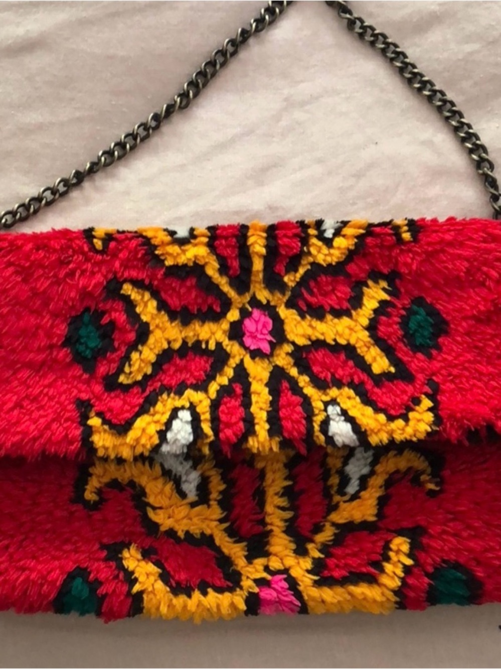 Moroccan Red Embroidered Floral Chain Shoulder Bag